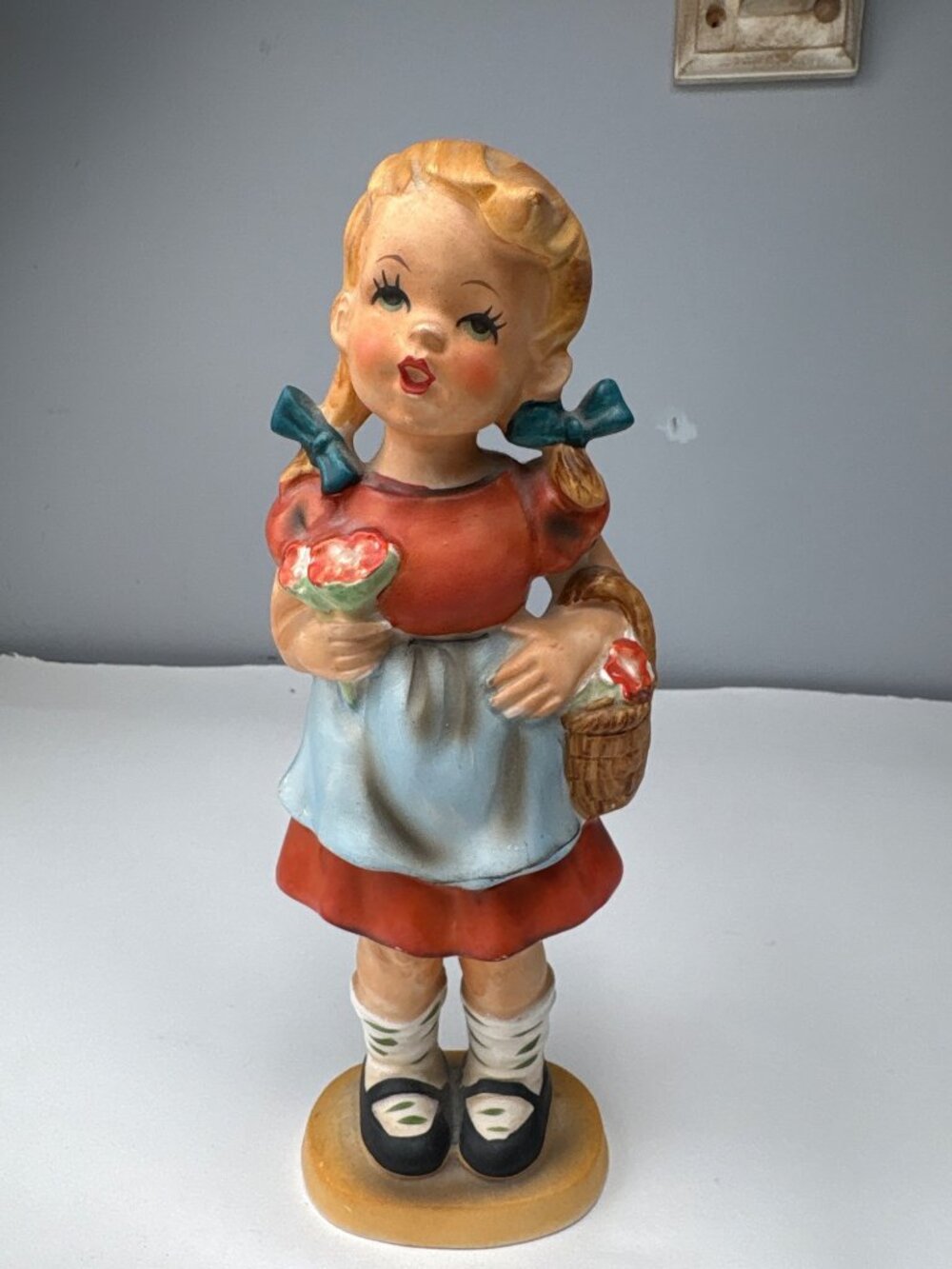 Adorable Hummel-Like Vintage Figurine Girl Basket & Flowers Japan Crafted